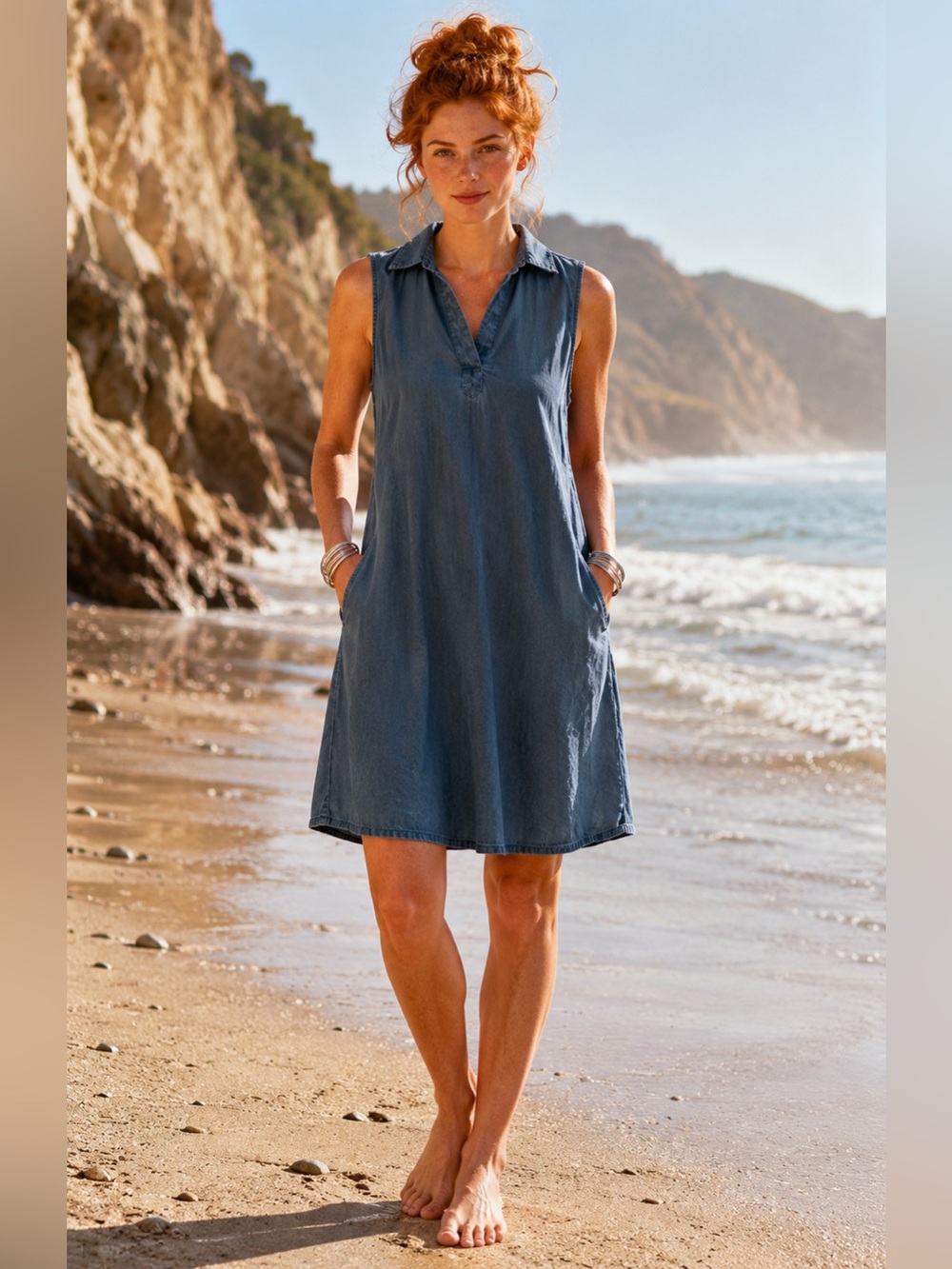 beachlunchlounge Chambray Shift Dress Collared Sleeveless Pockets Relaxed S NWOT
